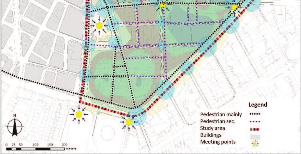 The pedestrian network includes the meeting-points zones or public areas around the streets with a function of meeting people.