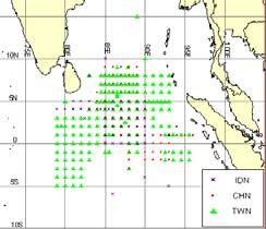 RESULT AND DISCUSSION Fishing ground and Size frequency distribution Their fishing grounds were located from latitude 15 N to 6 S and longitude 78 to 96 E, the Eastern Indian Ocean (Fig. 1).