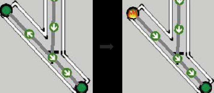Figures 9 to 11 show a zoomed-in view of three cases and redirection results: fire on a corridor (Figure 9), fire at an intersection (Figure 10), and fire at an exit (Figure ), respectively.