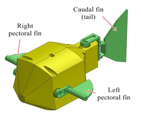 performance in the manoeuvring aspect. Generally, the length, breadth and height of the robotic fish are 165mm, 67mm and 60mm, respectively, as shown in Fig. 2.