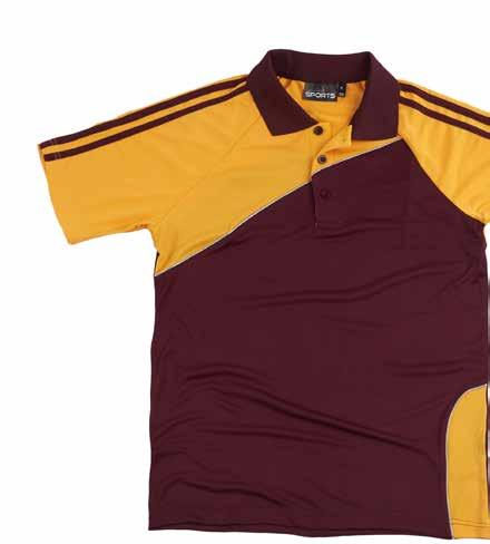 SPORTS POLO 00% polyester quick dry (moisture wicking) knit Cool and lightweight 50gsm Raglan sleeve with contrast stripes on shoulders Contrast back and hem panels Reflective piping on front and