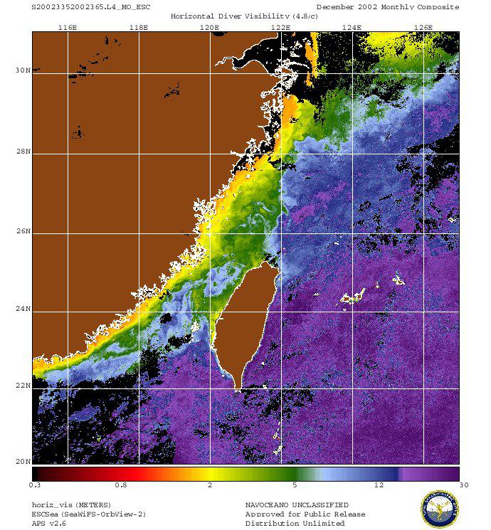 East China Sea & Philippine Sea: Example of Variability in Horizontal Visibility Turbid in coastal areas, very clear offshore Straits high spatial and temporal variability, with vertical visibilities