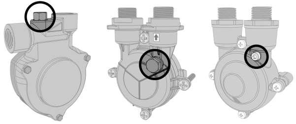 The following diagrams show examples of typical bleed screw locations for most pumps: Do not use excessive force when
