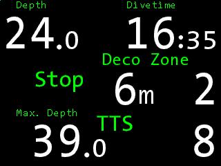 5.2.6. Layout With»Layout«you can activate an enlarged view of the dive mode. It only shows the values for dive time, depth, maximum depth and the no deco limit (NDL) or the TTS with the next stop.