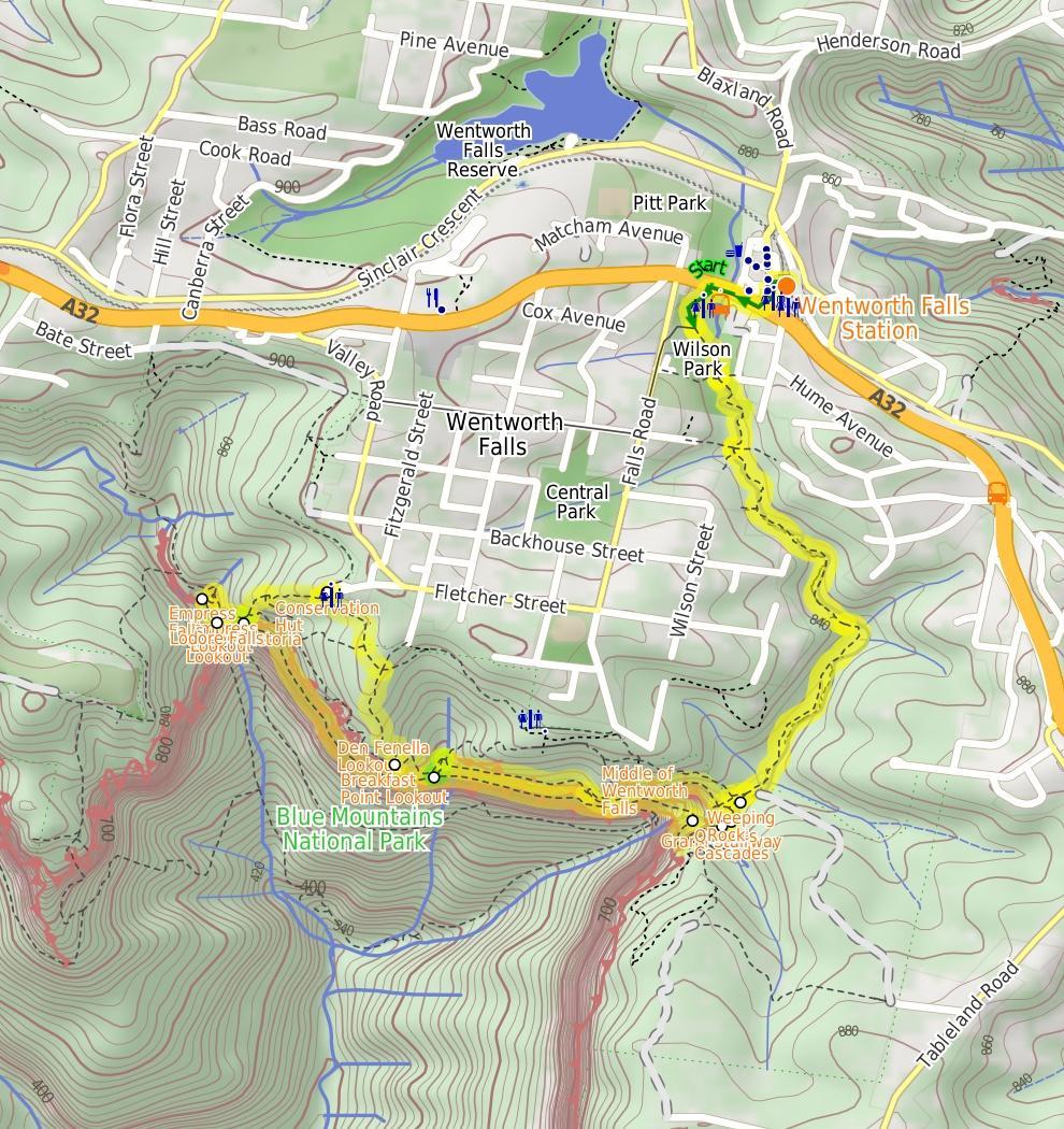 Wentworth Falls Loop 6 hrs 1.2 km Circuit Hard track 193m This is a great walk, both in size and spectacular views.