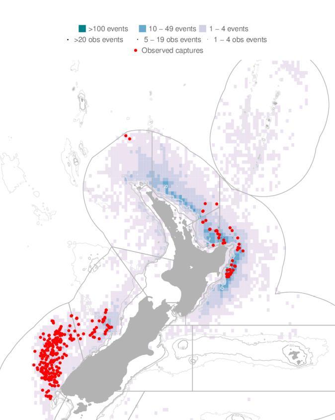 Observed fishing events are indicated by black dots, and observed captures are indicated by red dots.