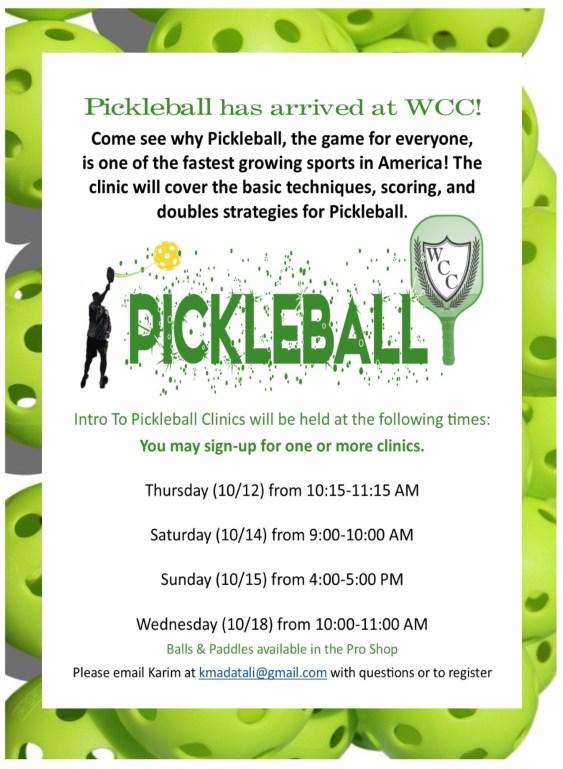 skill levels. Intro to Pickleball Clinics are available.