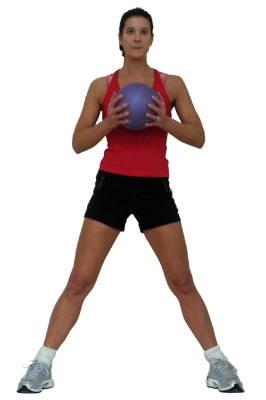 Side to Side Lunge Stand with feet wide, toes out slightly, holding weight at chest level.