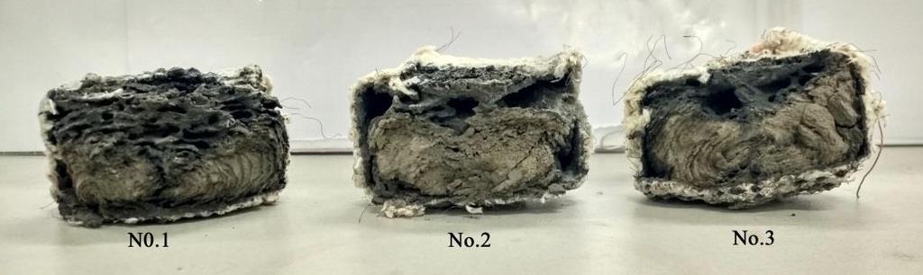 Figure 6: Photographs of OCBs after combustion although a long holding time can enhance the physical properties of the OCBs, the air between powder particles is reduced, and the average distance