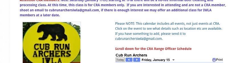 Cub Run Archers Web Site and Facebook Page As many of the members are not aware of the Cub Run Archers web site and face book page, I thought it appropriate to commend and thank Frances Stites (Fran)