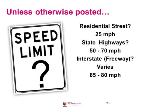 through cities with a 55,000 population or more where traffic must slow to 65 mph. 55 mph all other roads and highways not meeting other definitions.