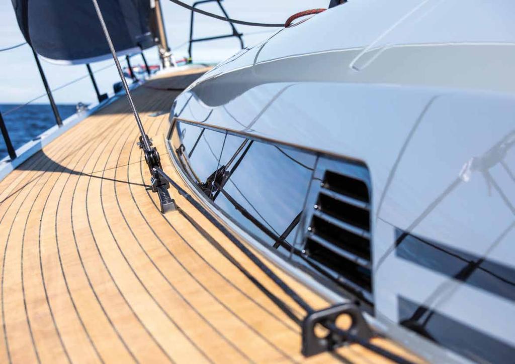 The modern hull lines, including a wide stern above the waterline, twin rudders and racing oriented keel design, are a reflection of the rapid evolution of yacht design during the past years,