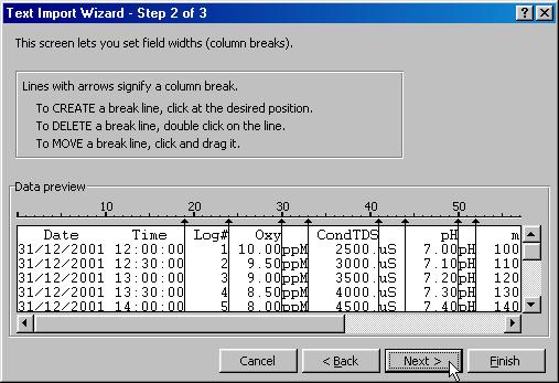 5. Step 2 of the Text Import Wizard allows you to select the points at which each data field will break into a new column. The sample screens below show where TPS recommends the breaks be inserted.
