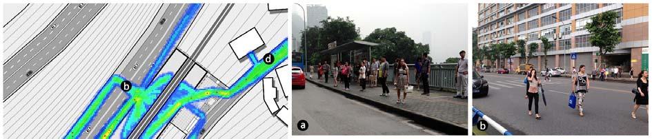 The Application of Pedestrian Microscopic Simulation Technology in Researching 245 Fig. 3 The isochrone zone and landscape of Liziba Station. Fig. 4 The pedestrian simulation flow diagram and present situation of influenced urban realm around Liziba Station.