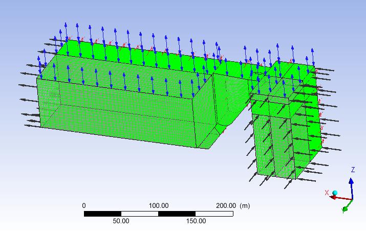 The figures below present the CFD model : Figures 6 and 7: Overall view of the spillway mesh and model itsef The numerical grid is generated as 143 330 hexahedral elements.
