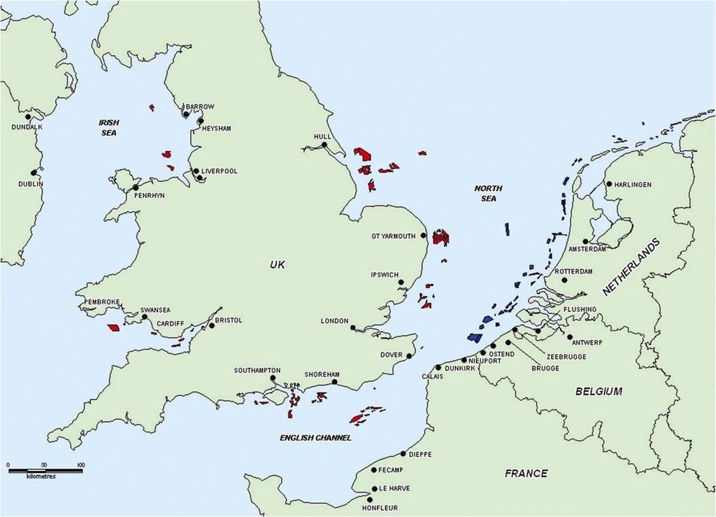 Map of the coastline showing the location of aggregate licence areas
