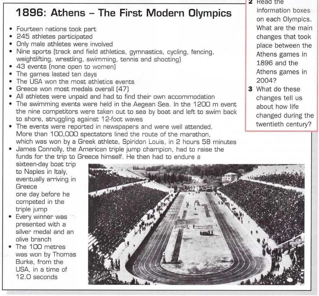 From Athens to Athens: exploring change and continuity What changed and what stayed the same between the 1896 and 2004 Athens Olympics? e first modern Olympics were held in Athens in 1896.