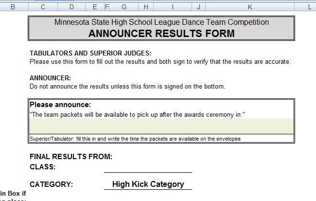 PAGE MSHSL Dance Team Tabulation Program 10 Instruction Manual for MAC user Figure 5: Announcers Results Form team packet information The Announcers Results Form also allows the tabulator to assign
