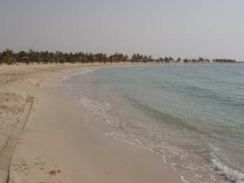 Figure 3. Mamzar Beach in Dubai. Left: good quality exposed artificial beach at the Mamzar Sea Beach. Right: moderately good quality protected artificial beach at the Mamzar Lagoon Beach.