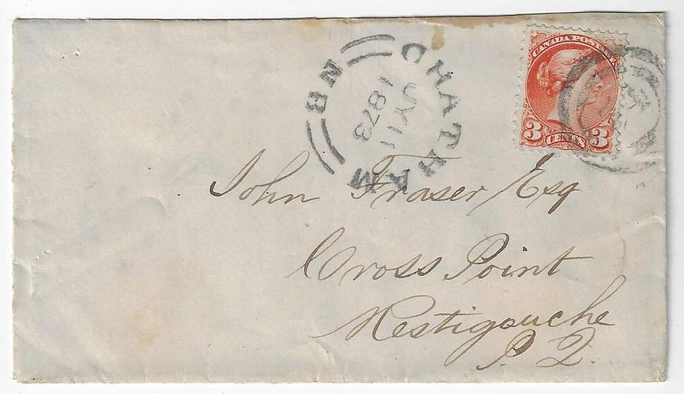 Item 292-14 Chatham NB, 2 Ring 34 1873, 3 SQ bright orange Montreal printing (very early, July 1873) tied by a very rare (RF 8) 2 Ring 34