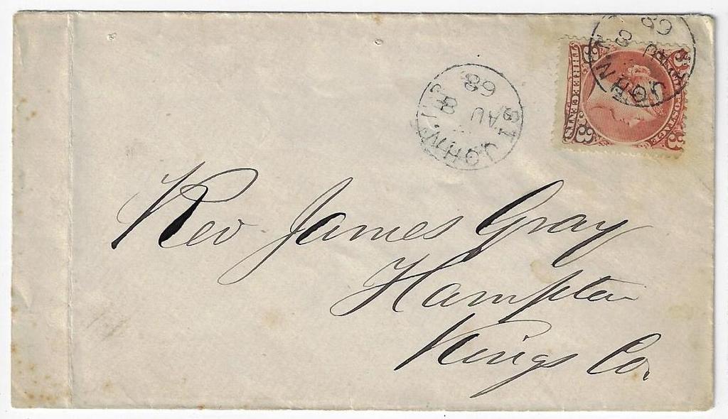 John 1868, 3 Large Queen tied by seldom seen St. John N.B. cds (MacMAnus type E) on cover paying 3 rate to Hampton (Kings County).