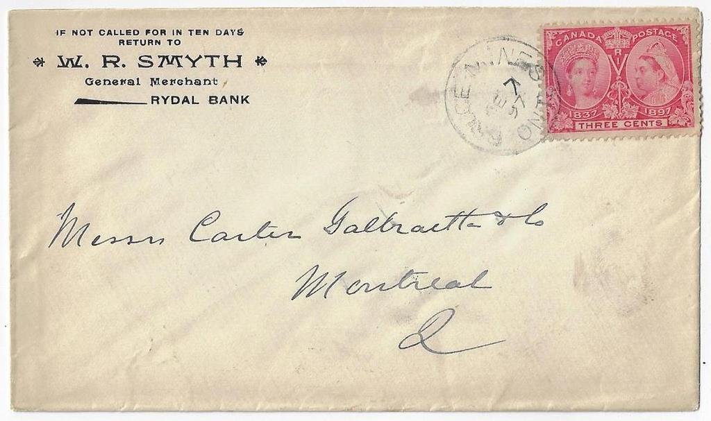 00 Item 292-18 Rydal Bank Ont (Algoma) 1897, 3 Jubilee tied by Bruce Mines Ont cds on W.R. Smyth c/c cover to Montreal (b/s).