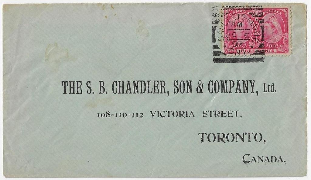 Item 292-20 Sault Ste. Marie Squared 1897, 3 Jubilee tied by Sault Ste. Marie Ont squared circle on Chandler cover to Toronto. Scarce on Jubs. $75.