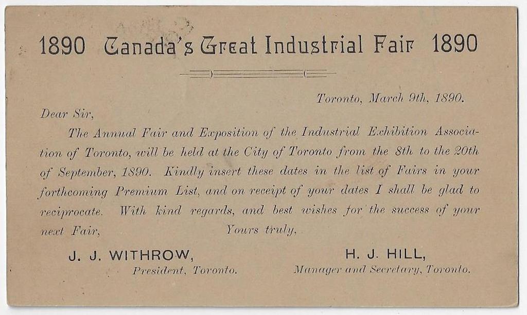 Item 292-33 Toronto Canada s Industrial Fair 1890, 1 stationery postcard reverse with Canada s