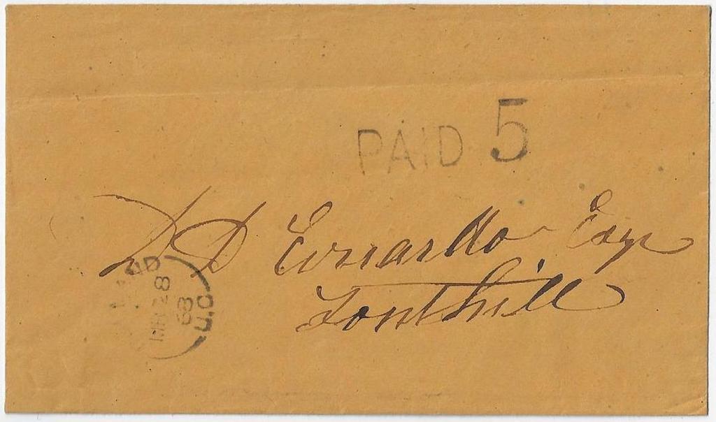 Item 292-07 Welland Rail Road 1868, stampless cover paid 5 from Welland to