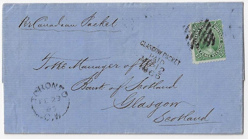 Item 292-12 By Canadian Packet 1865, 12½ decimal tied by diamond grid cancel from Toronto on cover paying 12½ Canadian