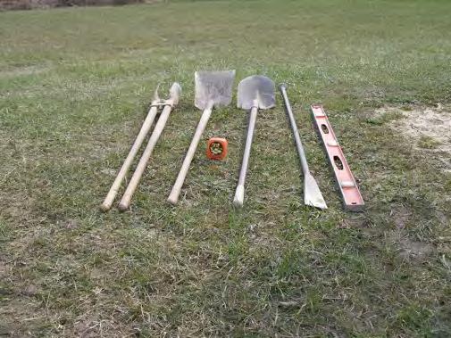 Tools used for installing ground stake Post Hole Digger Shovels, flat and round Digging Bar Level Ruler The installation of a ground stake is as vital