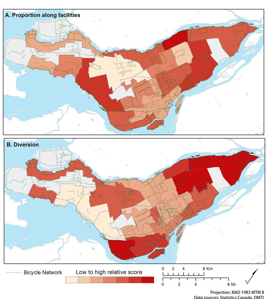 Boisjoly & El-Geneidy 0 0 FIGURE Relative Indicator Score at the Borough Level In order to account for proportion of route on facilities and diversion simulatenously, the connectivity measure based