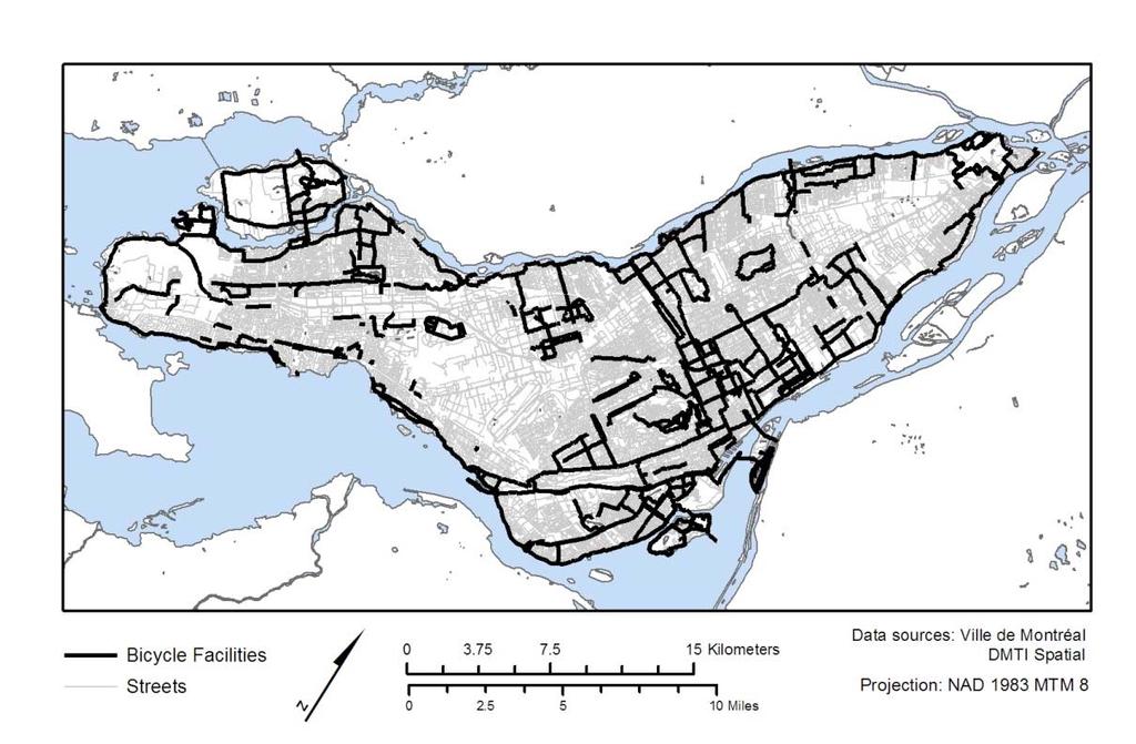 Boisjoly & El-Geneidy 0 0 0 FIGURE Bicycle and Street Networks on the Island of Montreal DATA AND METHODOLOGY Route choice of cyclists in Montreal Data collected in a previous survey in 00 with,