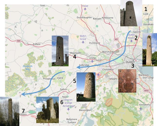 Liffey Sites: 1. Lusk Round Tower 2. Swords Round Tower 3. Book of Kells 4.