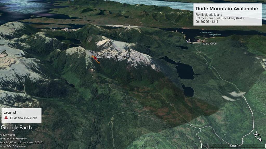 Dude Mountain Avalanche Accident Report Ketchikan, Southeast Alaska Location: Dude Mountain NW Bowl (5 ½ miles due north of Ketchikan, Alaska) Lat/Long: 55.41862 o N, -131.