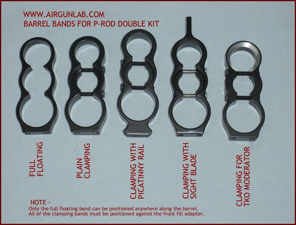 Installation Instructions Revision F 08/01/2016 page 2 of 18 The Five Barrel Band Choices Bands, from the left: standard floating (included in the kit at no extra cost), Optional plain clamping band,