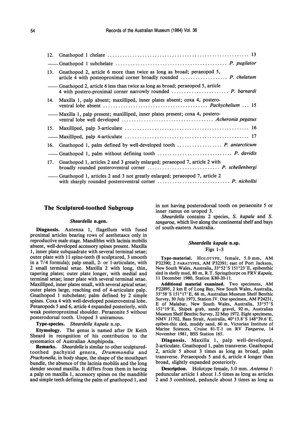 54 Records of the Australian Museum (1984) Vol. 36 12. Gnathopod 1 chelate...,... 13 --Gnathopod 1 subchelate... P. pugilator 13.