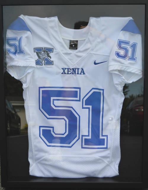 A close-up view of the Xenia High School football jersey that was presented to Edna Adams June 15 in appreciation of her many donations