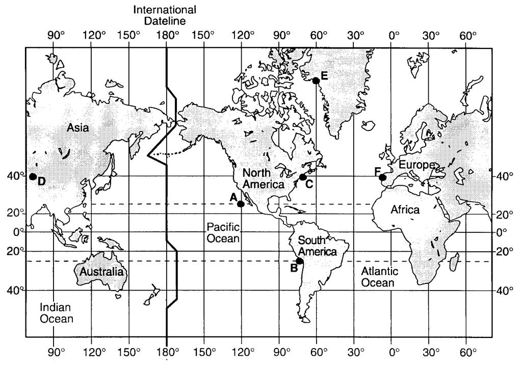 77. Base your answer to the following question on the map below. Letters A through F are locations on Earth s surface.