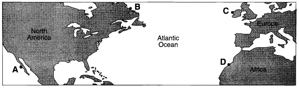 92. The map below shows four coastal locations labeled A, B, C, and D. The climate of which location is warmed by a nearby major ocean current?