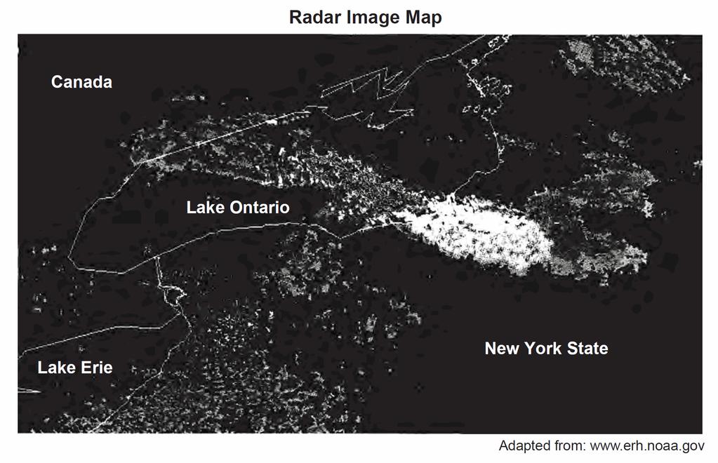 Base your answers to questions 139 and 140 on the reading passage about lake-effect snow and the radar image map below, and on your knowledge of Earth science.