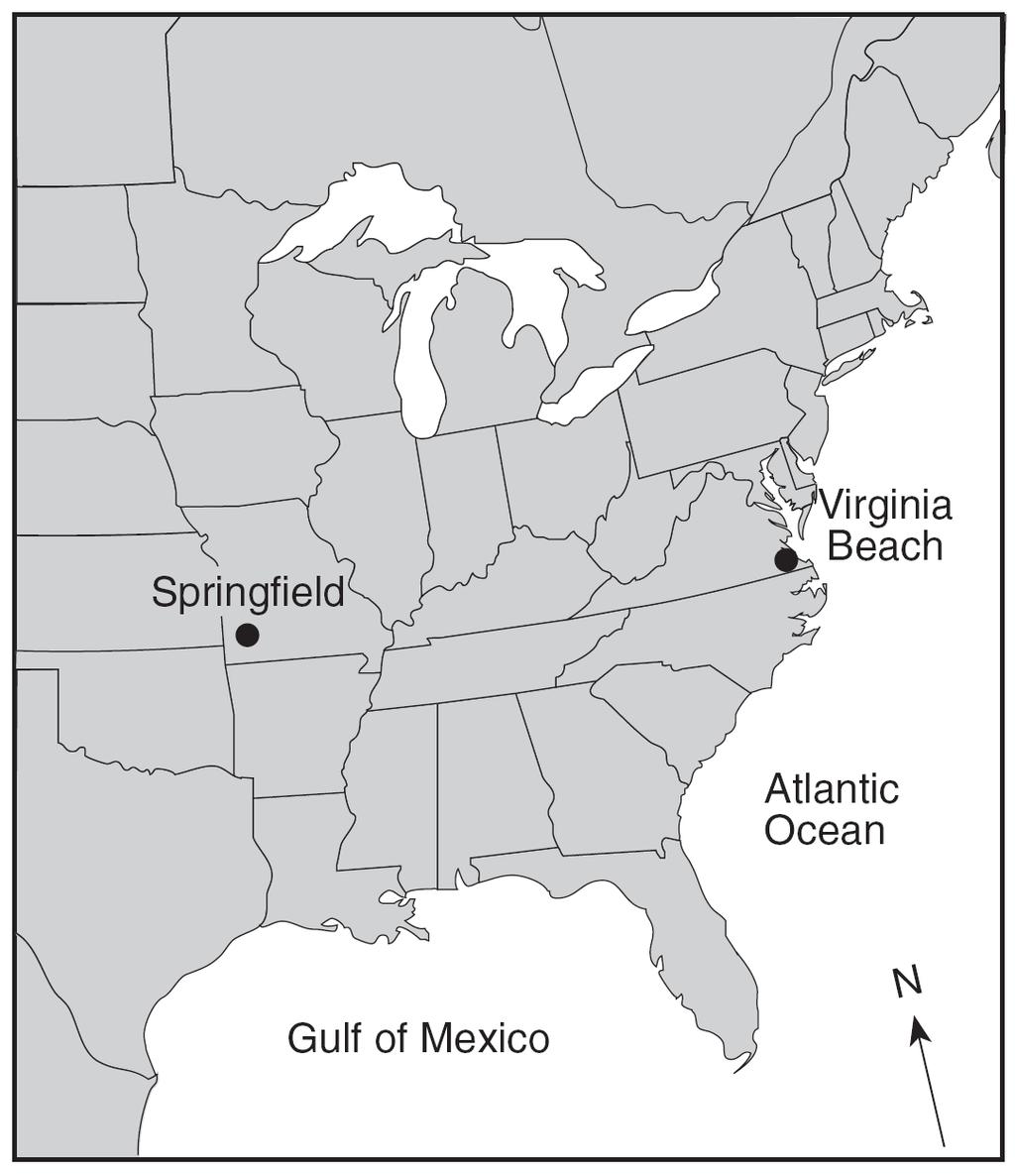 149. The map below shows the locations of Virginia Beach, Virginia, and Springfield, Missouri.