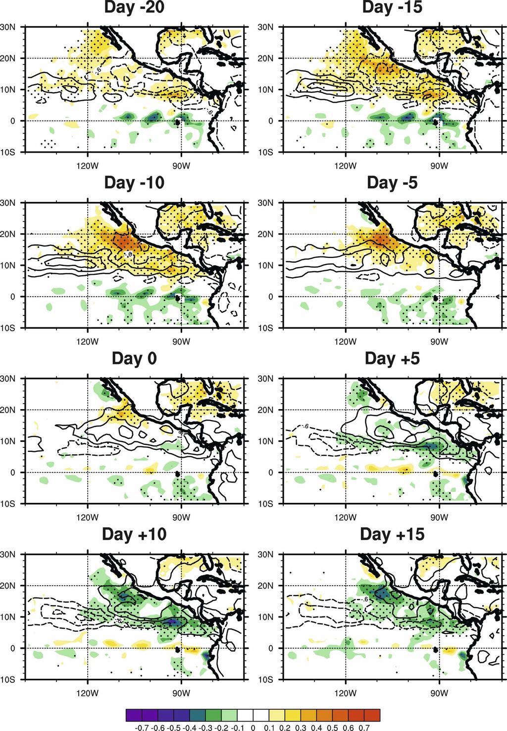 1SEPTEMBER 2008 M A L O N E Y E T A L. 4163 FIG. 14. Composite SST (fill) and precipitation (contours) anomalies as a function of lag in days relative to the MJO time series.