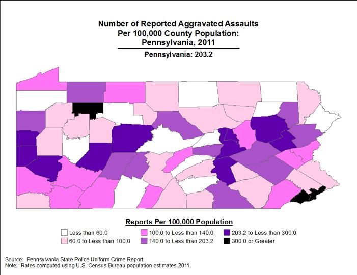 Rates for aggravated assaults reported to police ranged from a low of 8.2 per 100,000 population in Juniata County to a high of 577.4 in Philadelphia County during 2011.