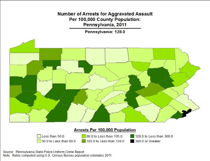 Arrest rates ranged from 4.1 aggravated assaults per 100,000 population in Juniata County to 328.3 in Philadelphia County. Sixteen counties reported rates above the statewide rate of 128.0. Number of Arrests for Per 100,000 County Population: Pennsylvania, 2011 * Adams 59.