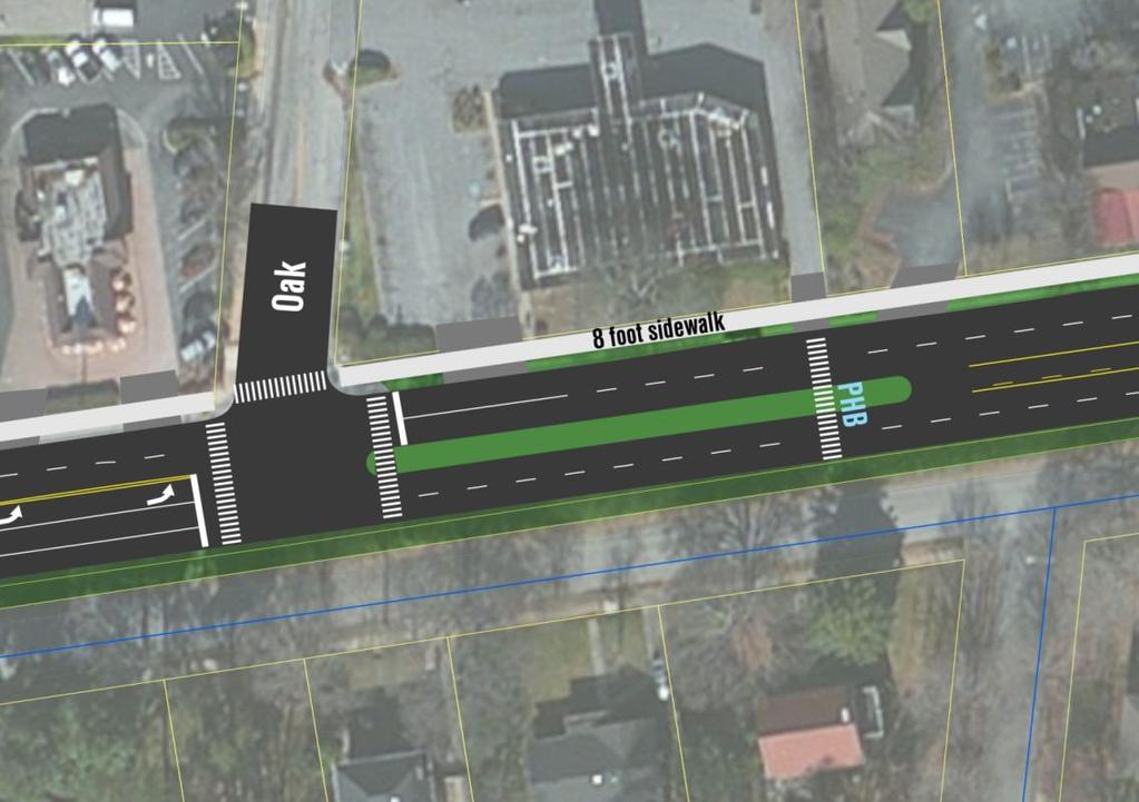 Oak Street Intersection Four-lane section: Longer median easier