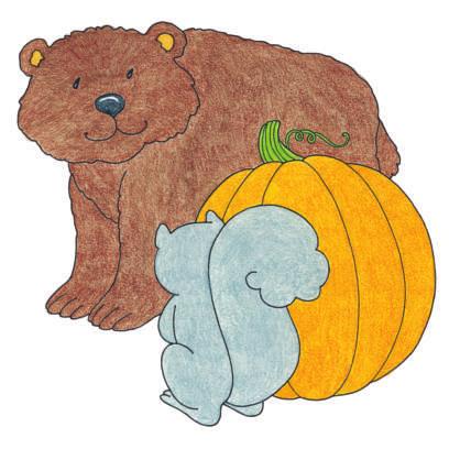 Squirrel peeked around the pumpkin. It was not the farmer. It was a big brown bear.