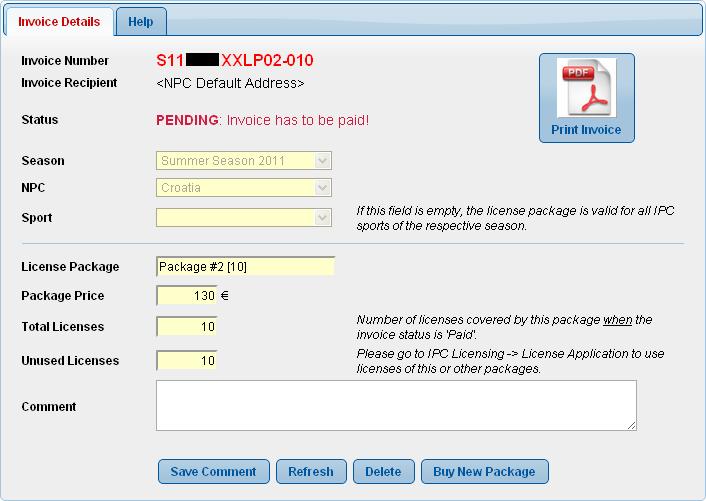 Fig 5.3: License Package screen The detail page of a license package as shown in figure 5.3 is opened after package application or clicking an existing package in the search screen.