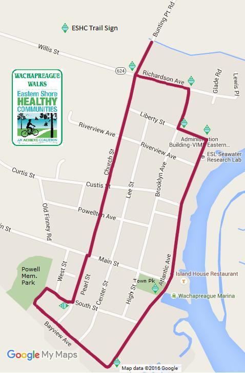 Wachapreague A 1.63 mile loop around the historic seaside town, with an optional extension of.51 mile north of town on Bunting Point Rd. Starting at the Town Park (Main St. and Atlantic Ave.