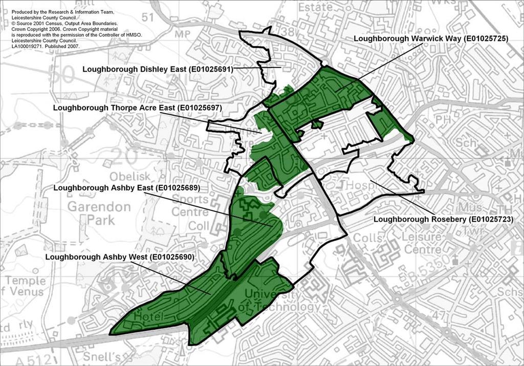 The map below depicts the monitoring area (outlined by the dark black border) and the intervention area (depicted by the small area shaded in green) for Loughborough West.